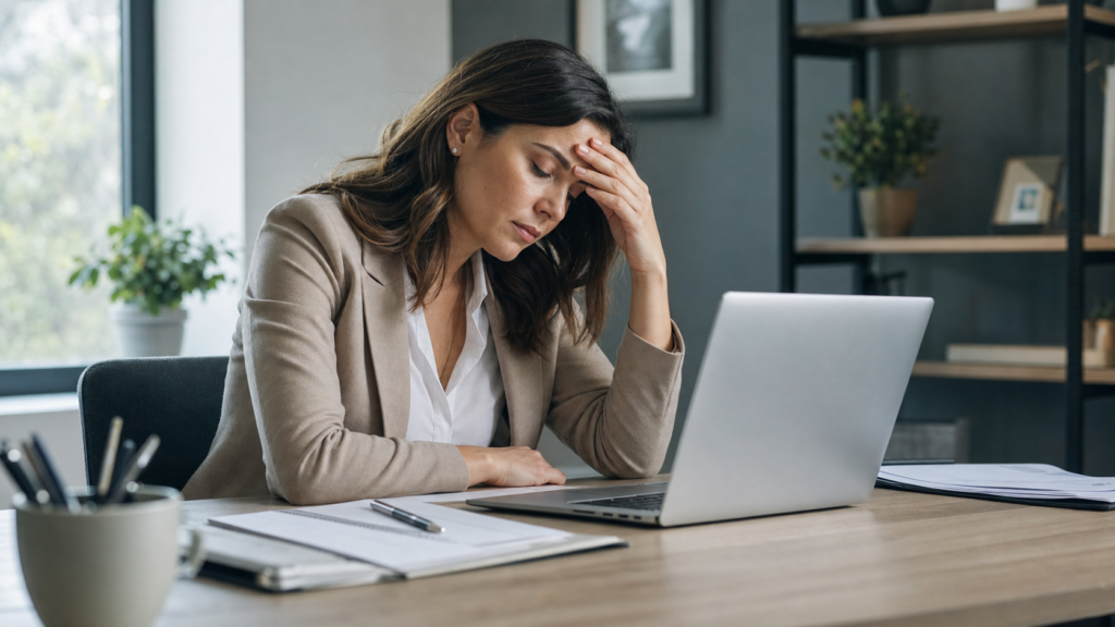 Professional woman looking exhausted at her desk, representing symptoms of burnout, stress, and depression.